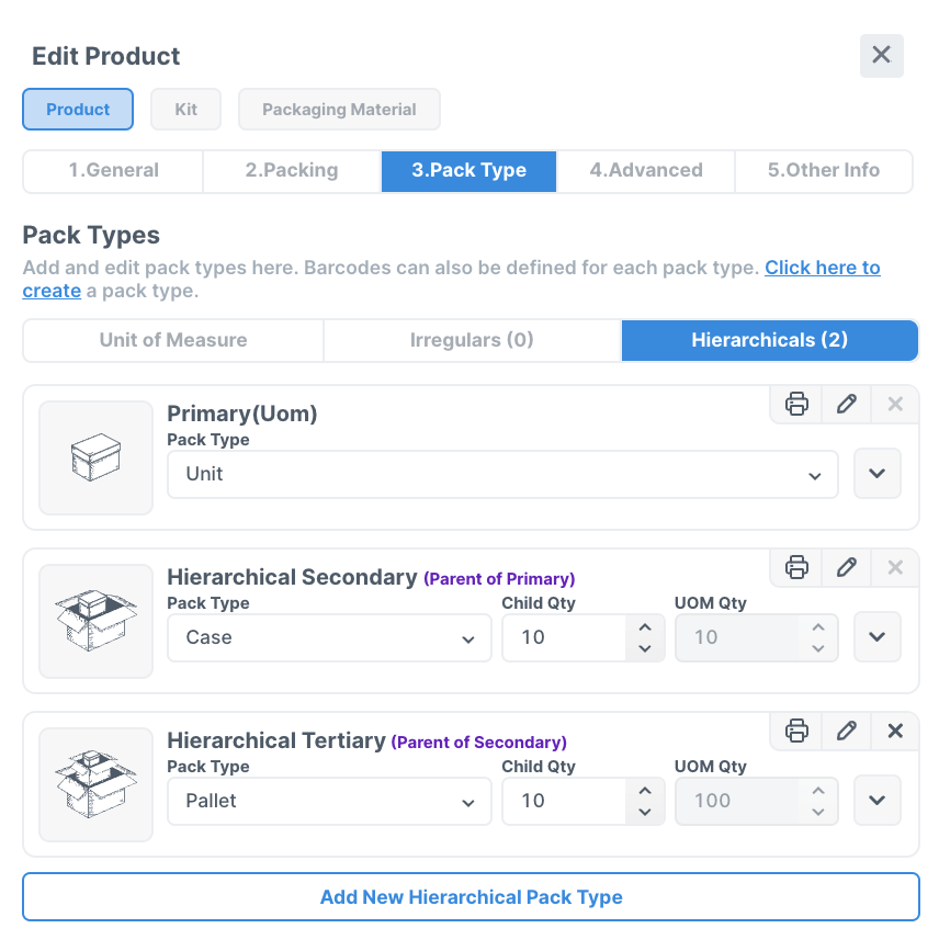 Screen from Logiwa IO to edit Parent LP types hierarchical configuration and multiple pack types feature. Screen from Logiwa IO to edit Parent LP types hierarchical configuration and multiple pack types feature.
